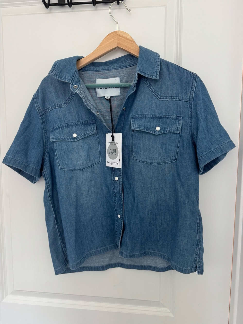 LOLA RIVER Blue Denim Crop Top Shirt Short-Sleeve